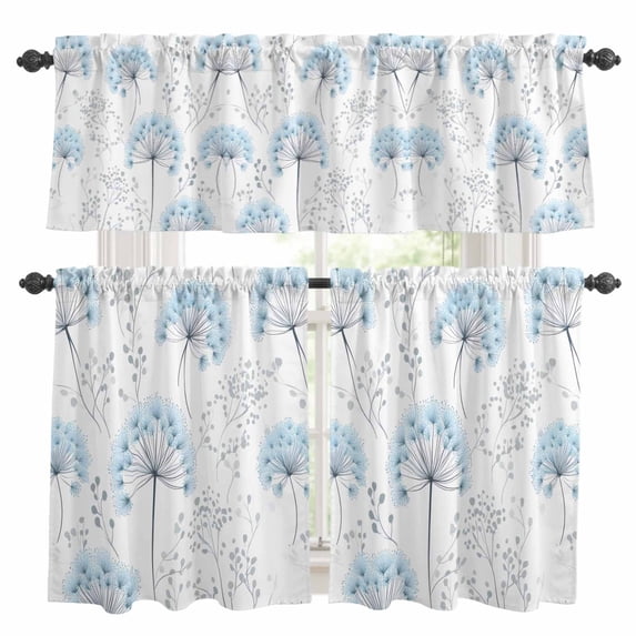 Gray Blue Floral Spring Kitchen Curtains Sets for Windows 24 Inch Length, Country Summer Botanical Rod Pocket Window Treatments Tier Curtains and Valances Set for Bedroom/Bathroom