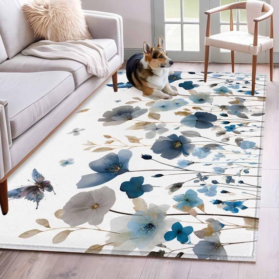 Gray Blue Flowers 3'x5' Washable Rug, Watercolor Floral Butterflies Spring Non-Slip Area Rugs for Entryway Kitchen Classroom, StainResistant Dorm Throw Carpet, Low Pile Soft Indoor Floor Mat