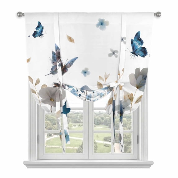 Gray Blue Flowers Balloon Curtains for Bedroom/Front Door/Bathroom, Watercolor Floral Butterflies Spring Tie Up Curtains 63 Inch Length Light Filtering Kitchen Curtains Shades for Windows 46"x63"