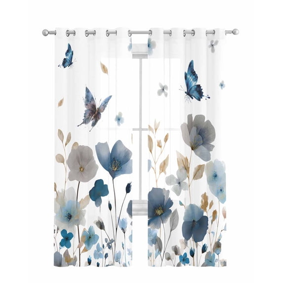 Gray Blue Flowers Sheer Curtains 63 Inch Length 2 Panels Set for Living Room/Bedroom, Watercolor Floral Butterflies Spring Kitchen Curtains Grommet Semi-Sheer Curtains Window Treatments 42"x63"x2