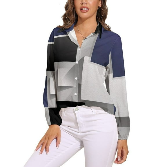 Gray Blue Geometric Abstract Pattern Long Sleeve Blouse Woman Streetwear Casual Shirts Summer Oversize Woman Streetwear Clothing Birthday Present
