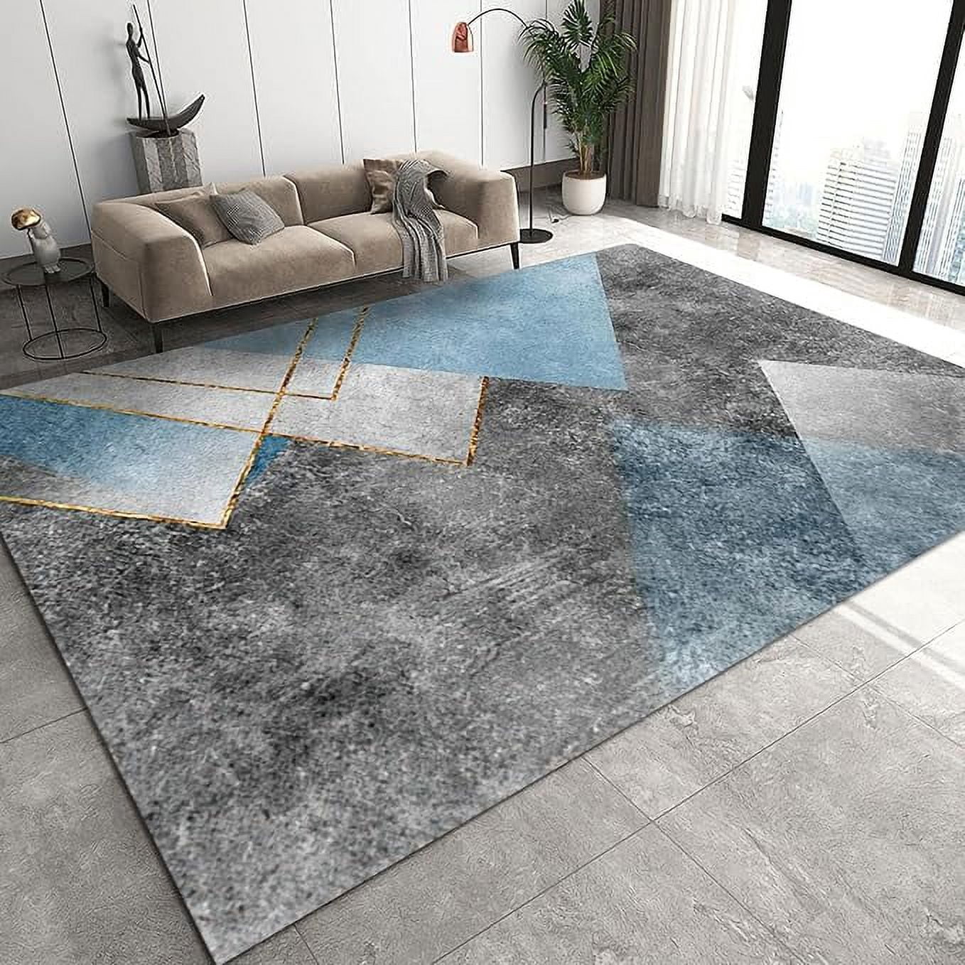 Line Edged Rug Gray Blue Geometric Marble Texture Area Rug, Distressed Vintage Gold ...