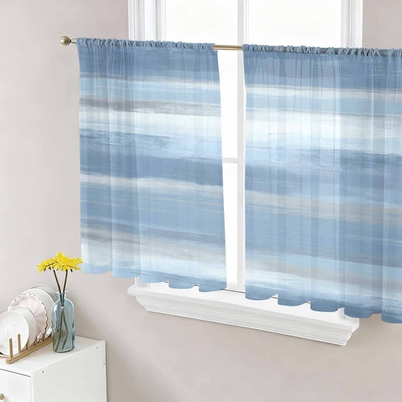 Gray Blue Ombre Semi Sheer Curtains 54 Inch Length 2 Panels Set, Modern Abstract Watercolor Stripes Sheer Kitchen Curtain Privacy Voile Window Curtain for Living Room Bedroom Rod Pocket Drapes