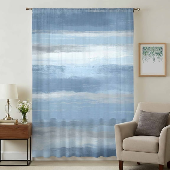 Gray Blue Ombre Sheer Curtains 108" Extra Long for Living Room, Modern Abstract Watercolor Stripes Light Filtering Privacy Drapes, Breathable Semi Sheer Window Treatment for Floor to Ceiling Window