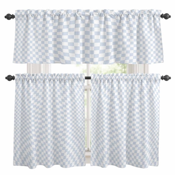Gray Blue Plaid Kitchen Curtains Valances and Tiers Set of 3 Simple White Plaid Textured Country Tier Curtains and Valance with Rod Pocket for Small Windows, 27.5"x24"
