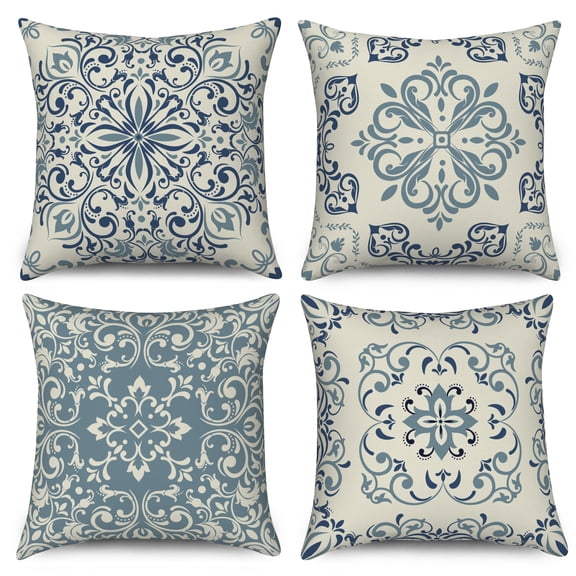 Gray and Blue Throw Pillow Covers Geometric Boho Mandala Flower Pillow Cases 18"x18" Inch Set of 4 Farmhouse Pillow for Couch Sofa Living Room Home Decor