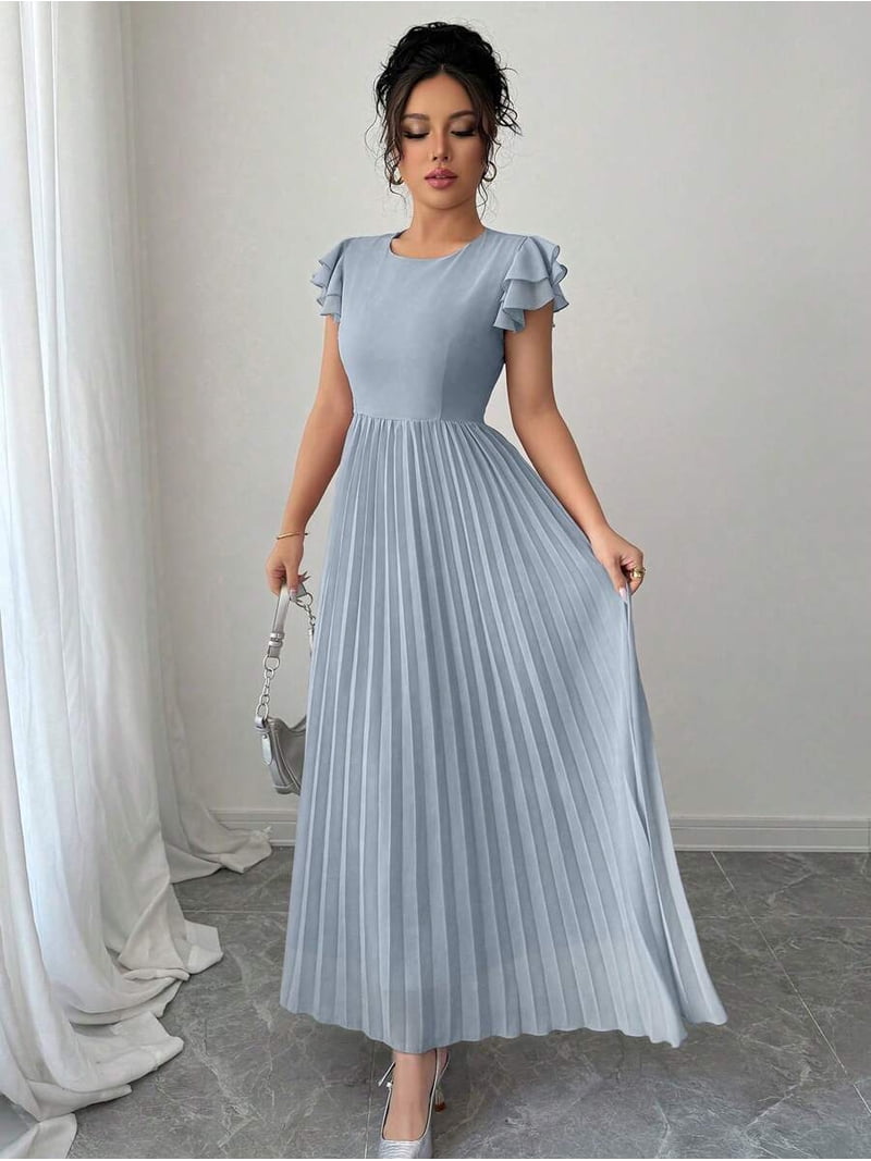 Gray Blue Women Ruffle Sleeve Pleated Maxi Dress With Scoop Neck And Relaxed Fit