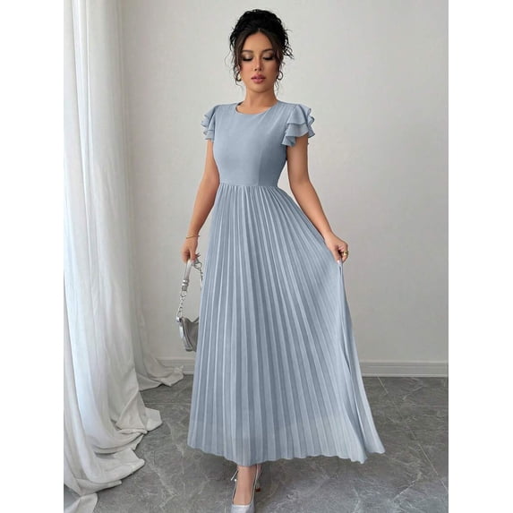 Gray Blue Women Ruffle Sleeve Pleated Maxi Dress With Scoop Neck And Relaxed Fit