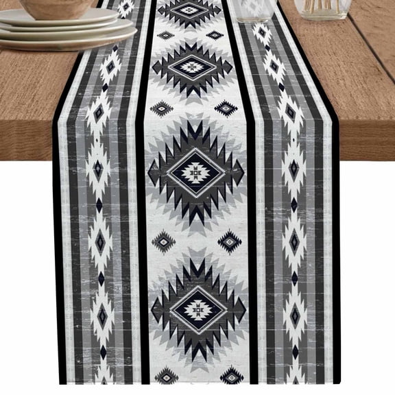 Gray Bohemian Aztec Ethnic Wind Table Runner-36 Inch Long Abstract Geometric Table Runners Linen Burlap Tablerunner for Kitchen Dining Room Holiday Party