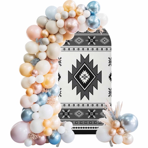 Gray Boho Arch Backdrop Cover 5Ft, Wedding Arch Covers Stretchy Backdrop, Southwest Aztec Country Geometric Aesthetic Fitted 2 Sided Arched Photo Background for Birthday Party Decorations