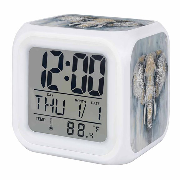 Gray Boho Elephant Digital Alarm Clock for Bedrooms, Smart LED Alarm Clock with 7 Color Changing Night Light, Abstract Ethnic Tribal Totem Silent Wake Up Clocks for Sleep Study Cooking 3.2"x3.2"