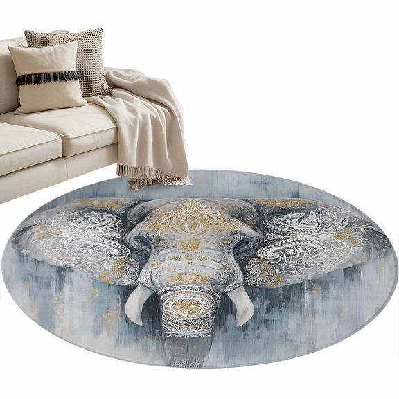 Gray Boho Elephant Round Rug 4ft Washable Circle Entryway Rugs Non Slip Abstract Ethnic Tribal Totem Area Rug Indoor Floor Carpet for Bedroom Kitchen Living Room Home Office Dining Room Nursery