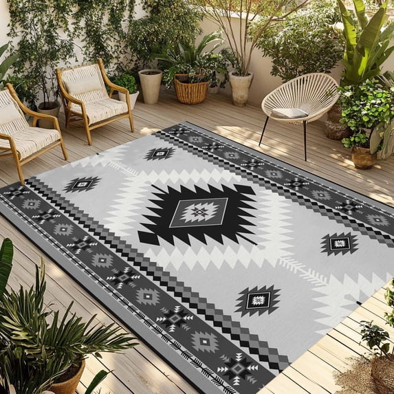 Gray Boho Outdoor Rug 5x8 Ft - Reversible Patio Rug Outdoor Camping Rugs, Southwestern Ethnic Abstract Geometric Washable Indoor Outdoor Area Rugs, Non-Slip Outdoor Carpet Runner for Deck/Porch