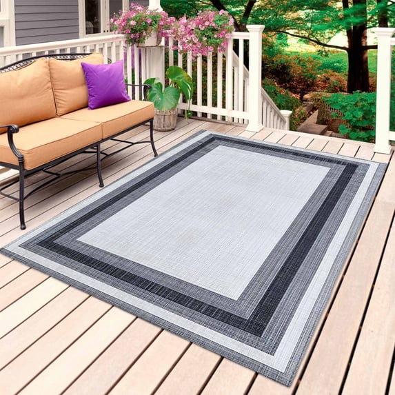 Gray Boho Outdoor Rug 6x9 Ft, Non Slip Washable Area Rug, Vintage Country Chic Shabby Ombre Geometric Patio Rugs Carpet Runner, Large Floor Mat for Indoor/Outdoor Deck Porch Camping