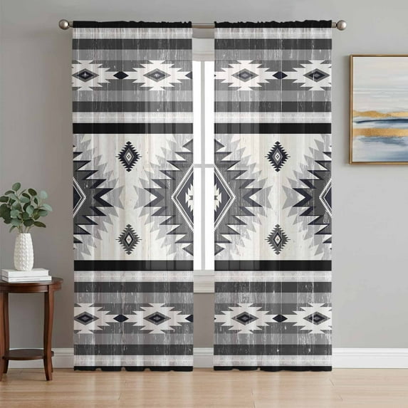 Gray Boho Semi Sheer Window Curtains 108 Inches Long, Southwestern Ethnic Aztec Retro Geometric Rod Pocket Voile Silky Chiffon Curtain Light Filtering Drapes for Living Room, 52"x108", 2 Panels