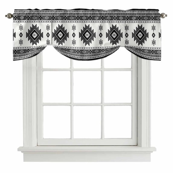 Gray Boho Tie Up Valance Curtains for Windows, Kitchen Curtains Window Treatments, Southwest Aztec Country Geometric Aesthetic Short Window Shades Valances for Bedroom Bathroom Cafe 54"x18"