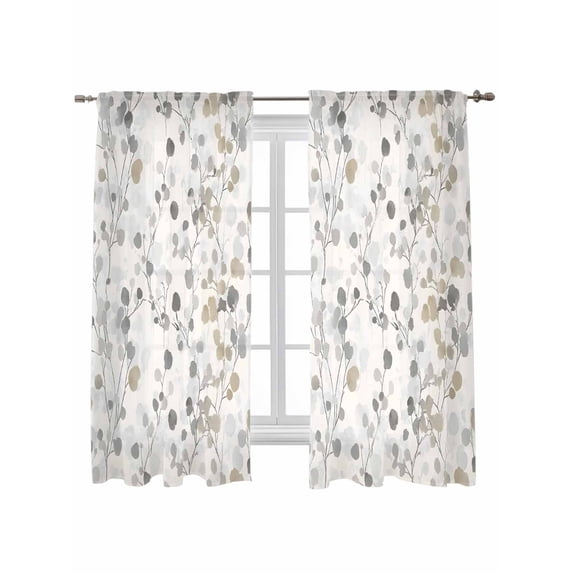 Gray Botanical Curtains 72 Inch Length, Sheer Curtains for Bedroom Living Room Window Farmhouse Spring Summer Floral Leaves Rod Pocket Voile Drapes Kitchen Curtains Small Half Window 52"x72" 2 Panels