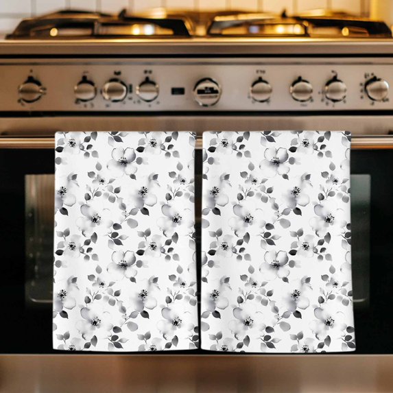 Gray Botanical Kitchen Towels Set of 1, Retro Blossom Floral Farmhouse Wildflower Absorbent Dish Towels for Kitchen, Microfiber Hand Towel, Quick Drying Tea Towel for Cleaning Decorative Dishcloths