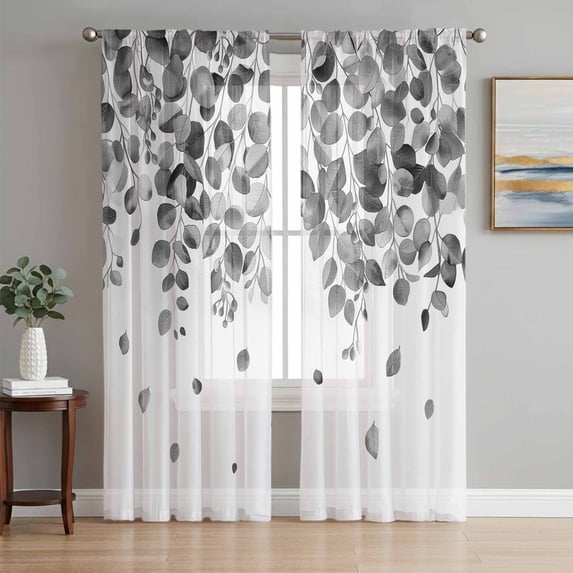 Gray Botanical Semi Sheer Curtains 72 Inch Length 2 Panels Set, Watercolor Spring Summer Eucalyptus Leaves Sheer Kitchen Curtain Privacy Voile Window Curtain for Living Room Bedroom Rod Pocket Drapes
