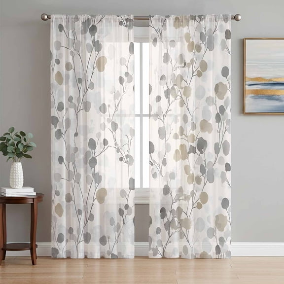 Gray Botanical Sheer Curtains 72 Inch Length 2 Panels Set, Farmhouse Spring Summer Floral Leaves Voile Window Treatment Rod Pocket Curtains Sheers Drapes for Bedroom/Living Room/Kitchen 52"x72"x2