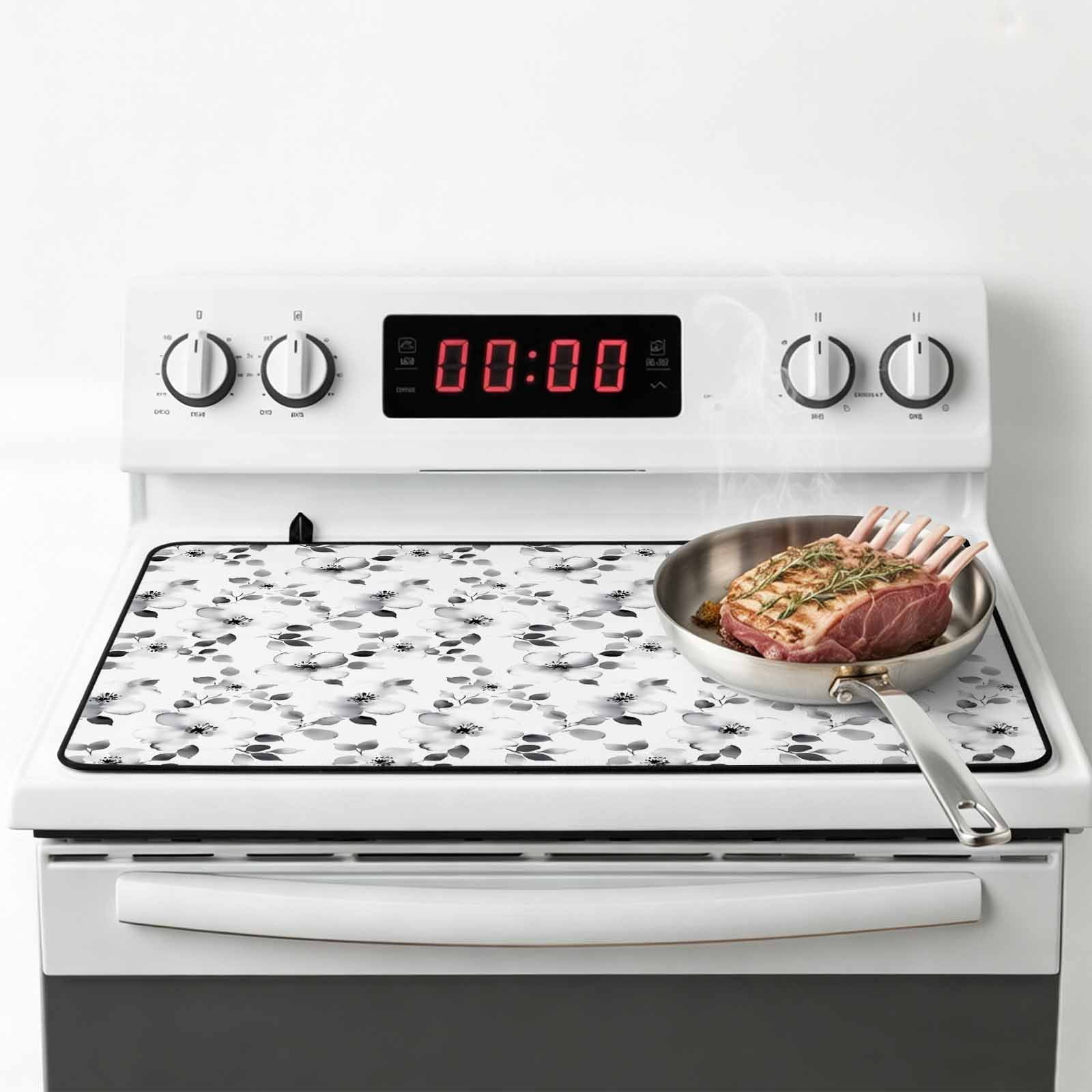 Gray Botanical Stove Top Cover for Electric Stove, Heat-proof & Non Slip Glass Top Stove Cover Protector, Retro Blossom Floral Farmhouse Wildflower Kitchen Flat Cooktop Rubber Mat 24x21 Inches