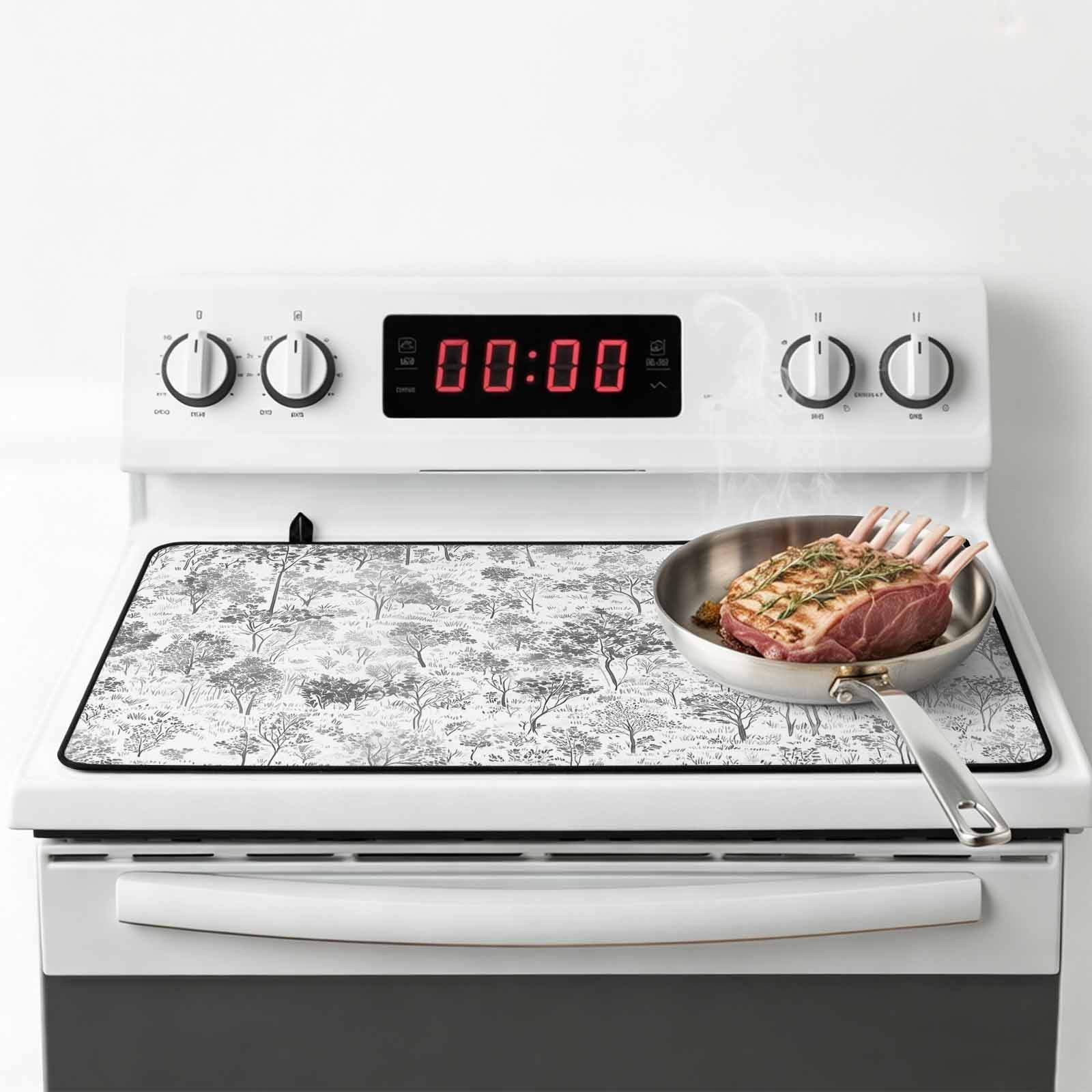 Gray Botanical Stove Top Cover for Electric Stove, Heat-proof & Non Slip Glass Top Stove Cover Protector, Watercolor Spring Floral Summer Kitchen Flat Cooktop Rubber Mat 24x21 Inches