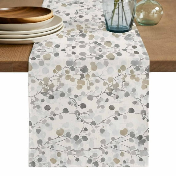 Gray Botanical Table Runner, Farmhouse Spring Summer Floral Leaves Washable Cotton Linen Table Runners 72 Inches Long, Dresser Scarf Runner for Dining/Coffee/Kitchen/TV Stands/Cabinets 13''x72''