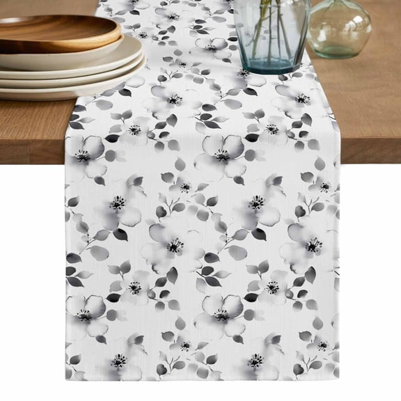 Gray Botanical Table Runner, Retro Blossom Floral Farmhouse Wildflower Washable Cotton Linen Table Runners 48 Inches Long, Dresser Scarf Runner for Nightstand/Coffee/End Tables 13''x48''