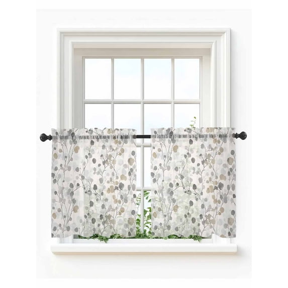 Gray Botanical Tier Curtains 36 Inch Length,Sheer Curtains for Bedroom Living Room Window Farmhouse Spring Summer Floral Leaves Rod Pocket Drapes Kitchen Curtains Small Half Window 27.5"x36" 2 Panels