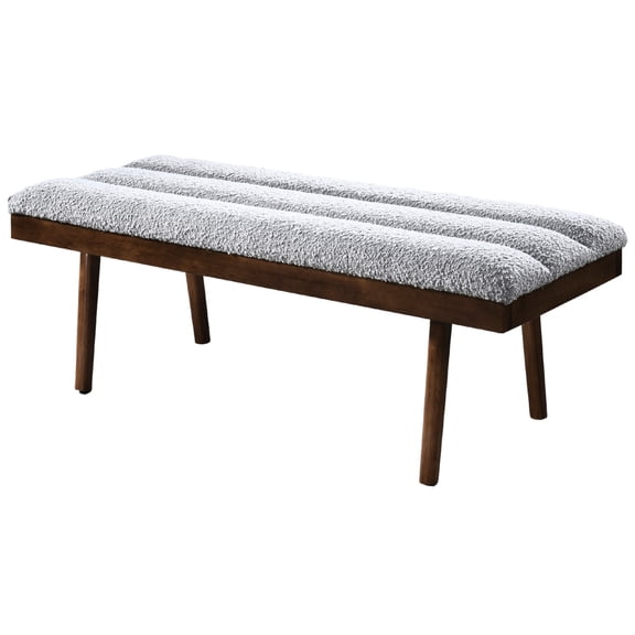 Gray Boucle Bench With Solid Wood Base And Cushion Grey Upholstered Seat Armrest