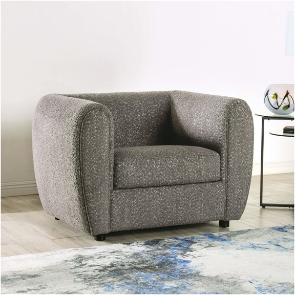Gray Boucle Fabric Tuxedo Chair with Wooden Legs and Box Cushion for Living Room