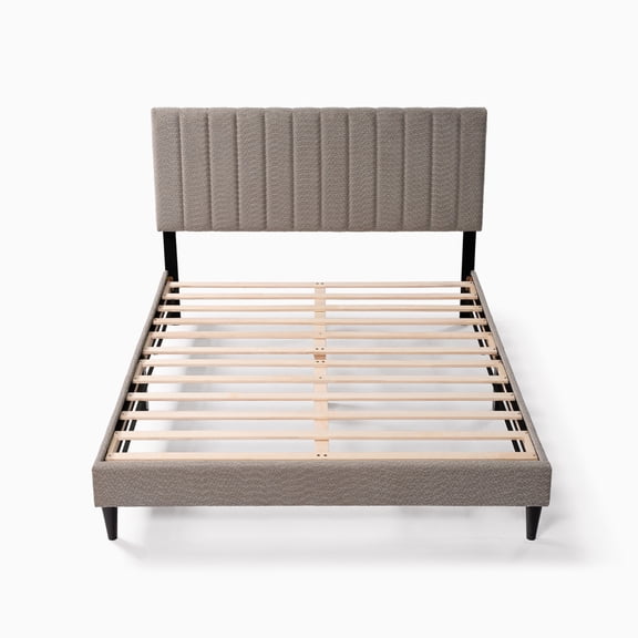Gray Boucle Fabric Vertical Channel Tufted Queen Wood Platform Bed Frame, Mid Century Upholstered Bed with Storage Headboard, No Box Spring Needed