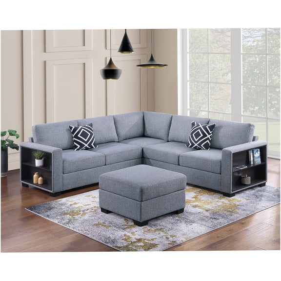 Gray Boucle Upholstery Sectional Couch Set with Built-In Shelves, L-Shape Sofa and Ottoman for Living Room