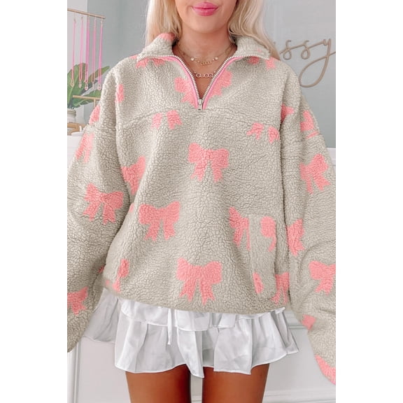 Gray Bow Sherpa Quarter Zip Drop Shoulder Baggy Sweatshirt