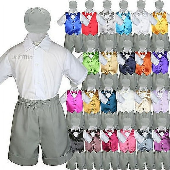 Gray Boy Toddler Formal Vest Shorts Suit Satin Vest Bow Tie Hat 5PC Set sz S-4T