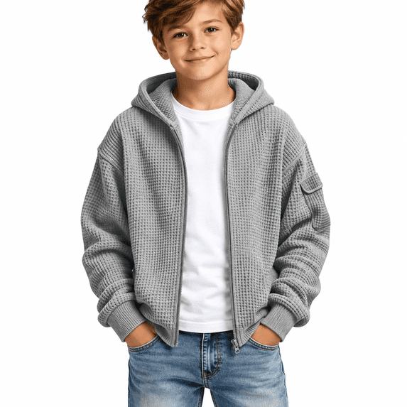 Gray Boys Waffle Hoodie with Sleeve Pocket Size 7-8 Years,Full Zip Up Sweatshirt,Tactical Athletic Jacket for Outdoor Sports School,Casual Fall Spring Wear