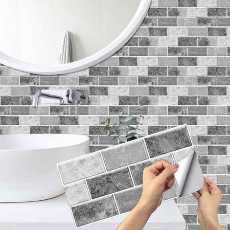 Gray Brick Mosaic Wall Stickers 11.8x5.9" Self Adhesive Vinyl Wallpaper Peel and Stick Tiles Kitchen Backsplash