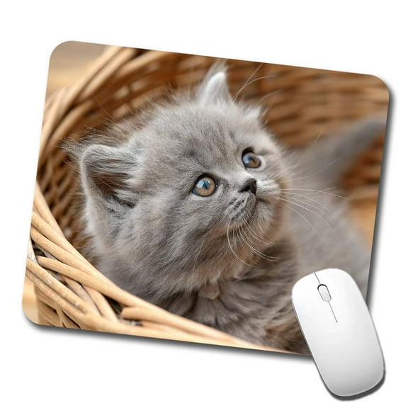 Gray British Longhair Kitten in a Basket Mouse Pad Low Profile Gaming Mat