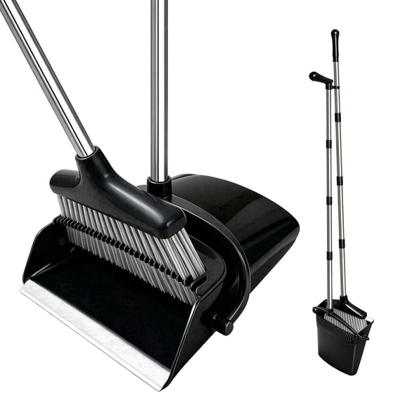 Broom and Dustpan Combo Set with Comb for Home Floors Broom and Dust Pan Combo with Long Handle Black