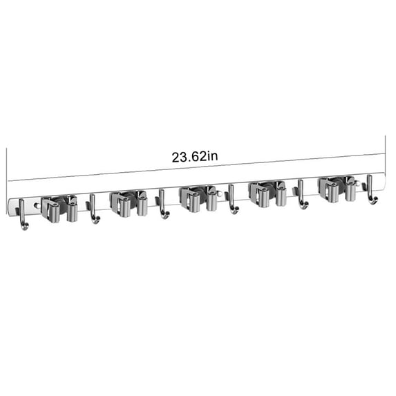 Gray Broom Holder Wall Mount Mop Organizer with 5 Clips And 6 Hooks