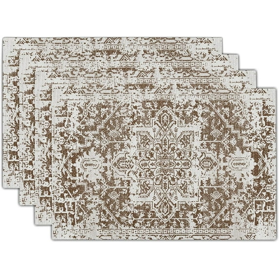 Gray Brown Boho Placemats Set of 4 Ethnic Bohemian Carpet Place Mats Washable Kitchen Dining Vintage Grey Geography Floral Linen Table Mats Stain Heat-Resistant for Home Party Indoor 12x18 in