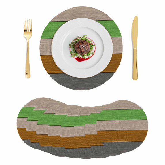 Gray Brown Green Round 13 Inch Placemats Set of 8, Retro Farmhouse Gradient Wood HeatResistant Non Slip Place Mats for Dining Table, Wipeable Braided Kitchen Table Mats for Housewarming