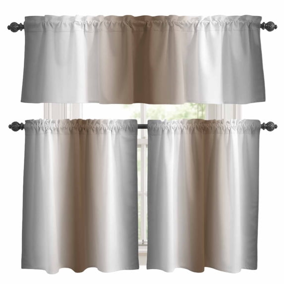 Gray Brown Kitchen Curtains Sets for Windows 24 Inch Length, Modern Gradient Geometric Rod Pocket Window Treatments Tier Curtains and Valances Set for Bedroom/Bathroom