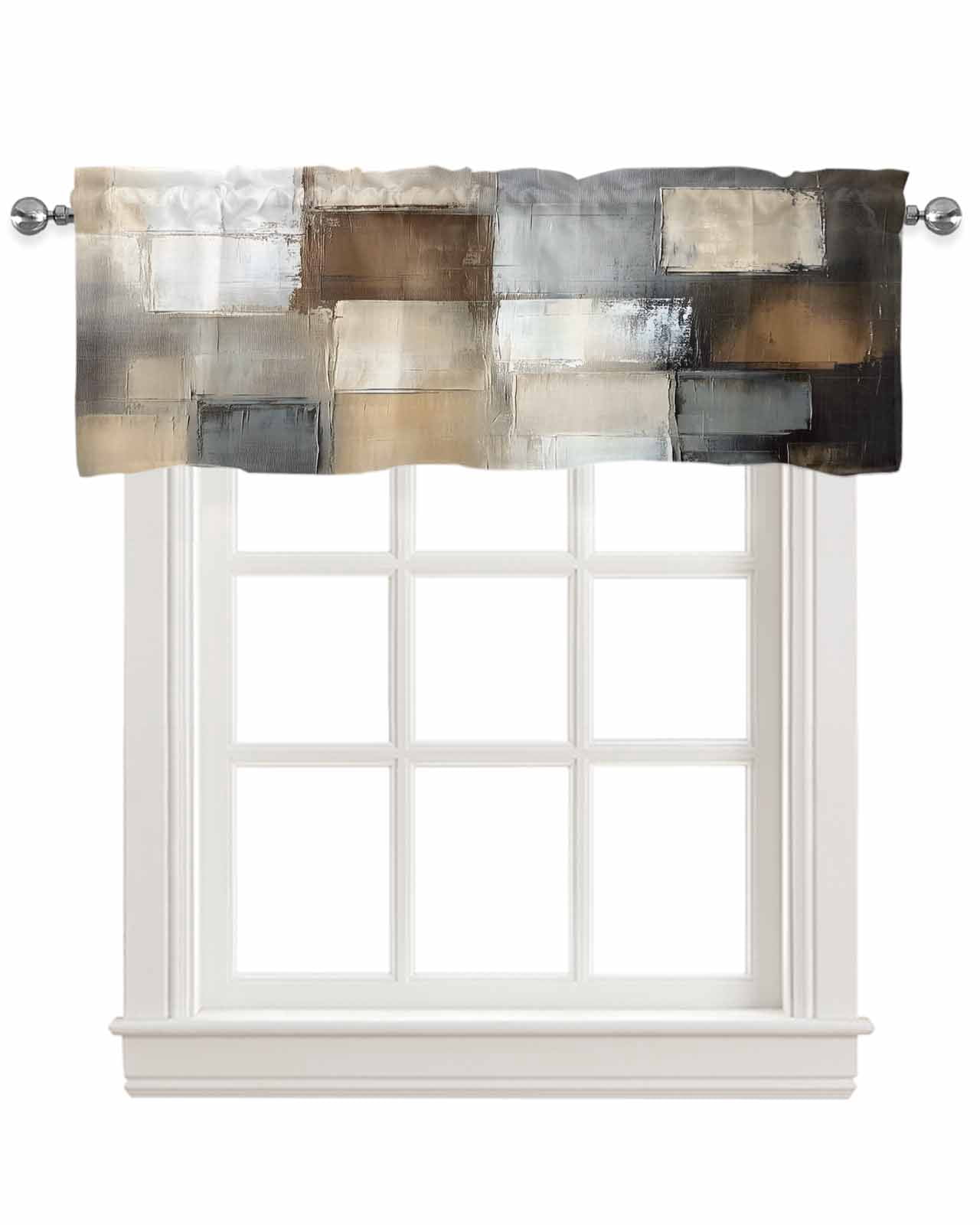 Gray Brown Kitchen Valances for Windows Farmhouse Linen Window Valance Curtain for Living Room Window Treatment Abstract Oil Painting Color Blocks Valance Rod Pocket Topper Drape, 42 x 18 Inch
