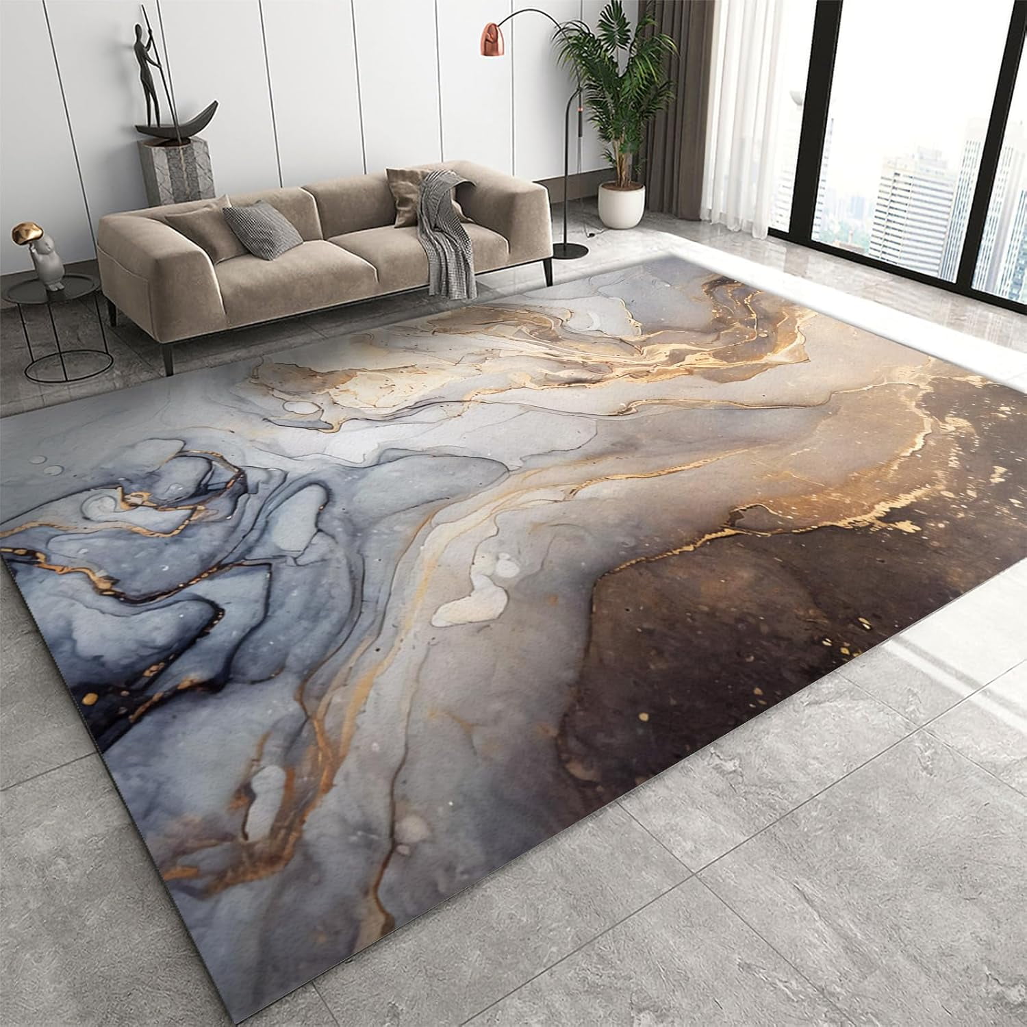Gray Brown Marble Texture Area Carpet, 4x5 Retro Abstract Light Luxury ...