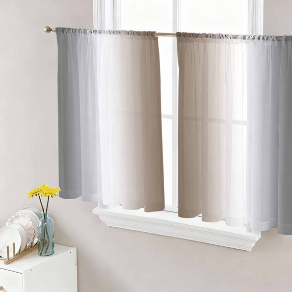Gray Brown Semi Sheer Curtains 45 Inch Length 2 Panels Set, Modern Gradient Geometric Sheer Kitchen Curtain Privacy Voile Window Curtain for Living Room Bedroom Rod Pocket Drapes