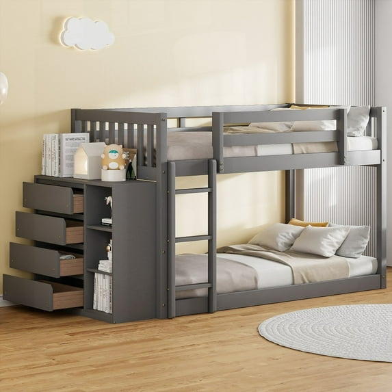Gray Bunk Bed - Twin over Twin with 4 Drawers & 3 Shelves