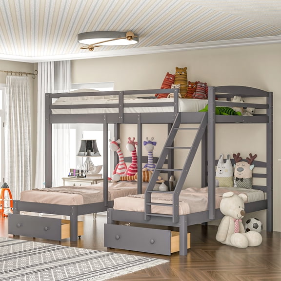 Gray Bunk Bed With Drawer Capacity - Solid Pine And , Full Over Twin & Design For Storage Space-saving Drawers In Twin, Built Quality