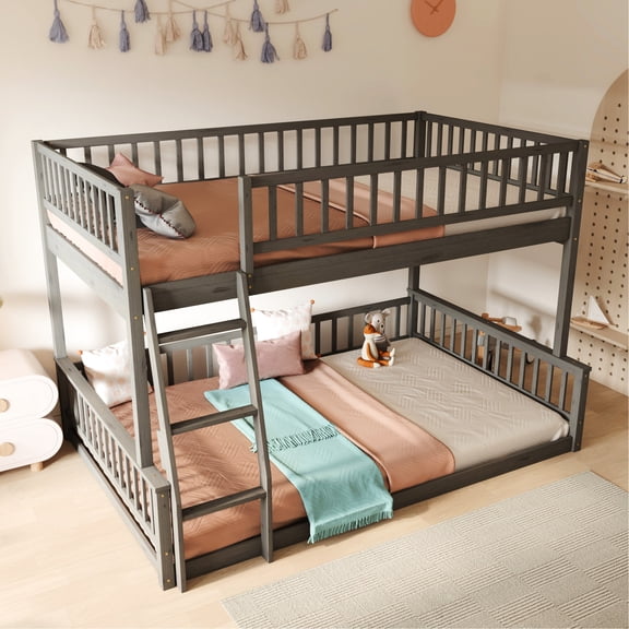 Gray Bunk Bed with Guardrails and Ladder - Enhances Safety and Space Utilization