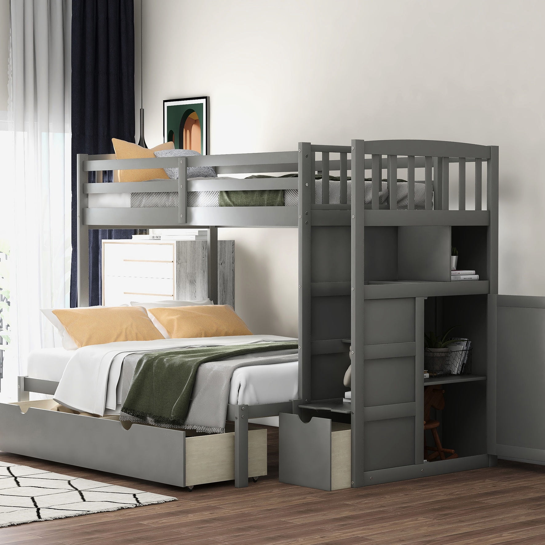 Gray Bunk Bed with Storage / Space-saving Design with Drawers / Offers ...